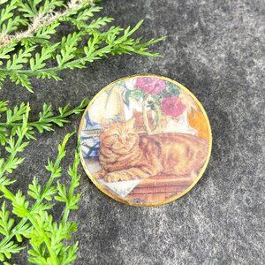 Ginger cat round porcelain brooch